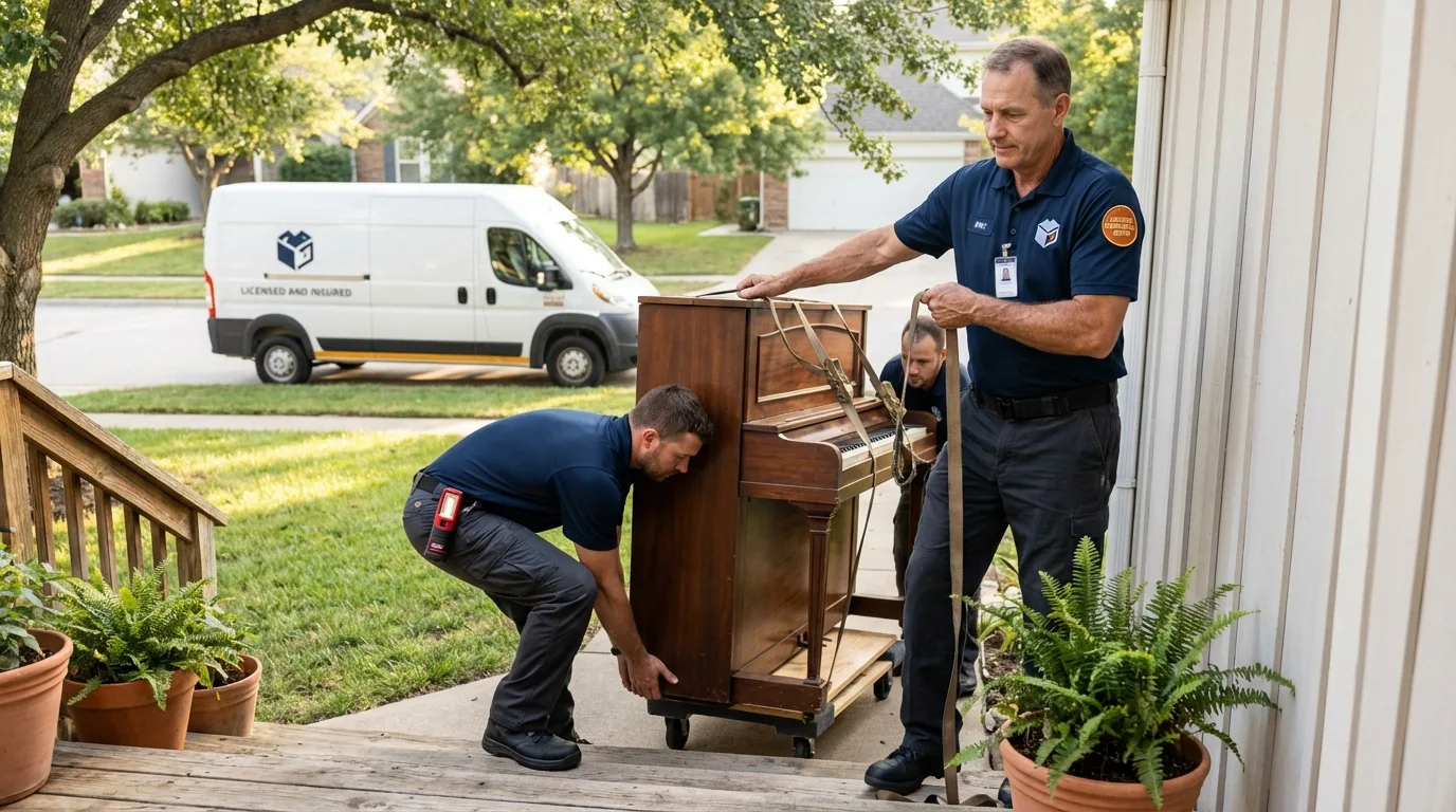 Licensed piano movers securing grand piano in Oneida, TN